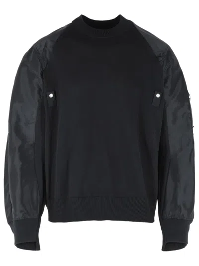 Sacai Cotton Blend Sweater Contrast Sleeves Zipper In Blue