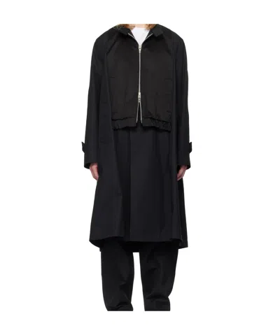 SACAI BLACK COTTON CHINO X GABARDINE COAT