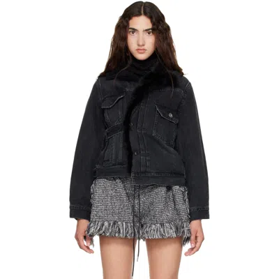 Sacai Asymmetric Faux-fur Collar Denim Jacket In Black