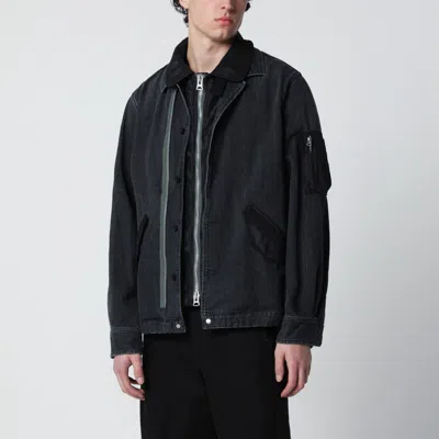 Sacai Black Denim Jacket With Nylon Inserts In Blue