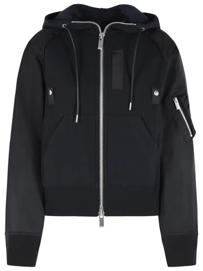 Sacai Black Drawstring Hooded Cotton-blend Zip Sweatshirt