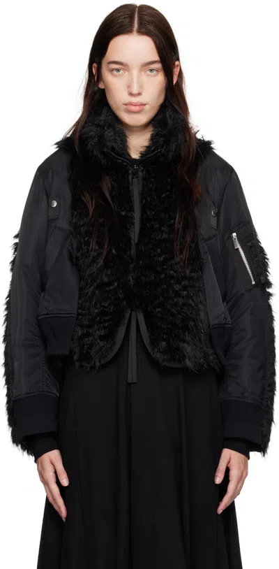 Sacai Black Faux Fur & Nylon Twill Bomber Jacket In 001 Black