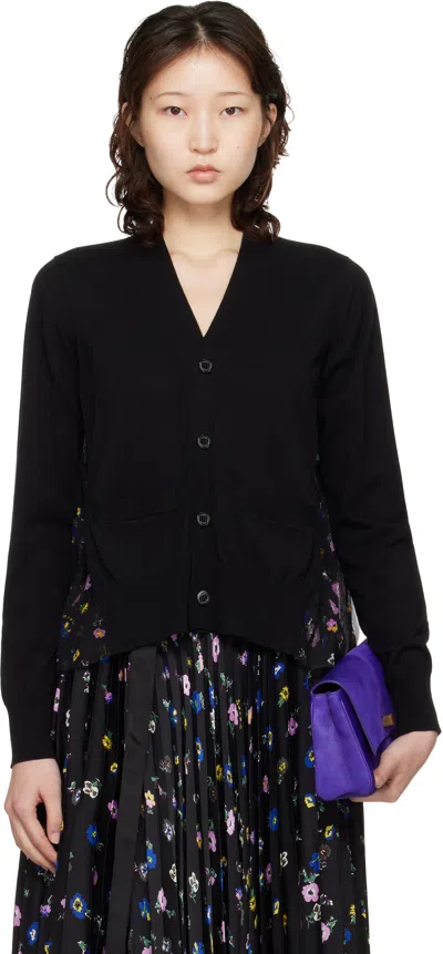 Sacai Black Floral Print Cotton Knit Cardigan