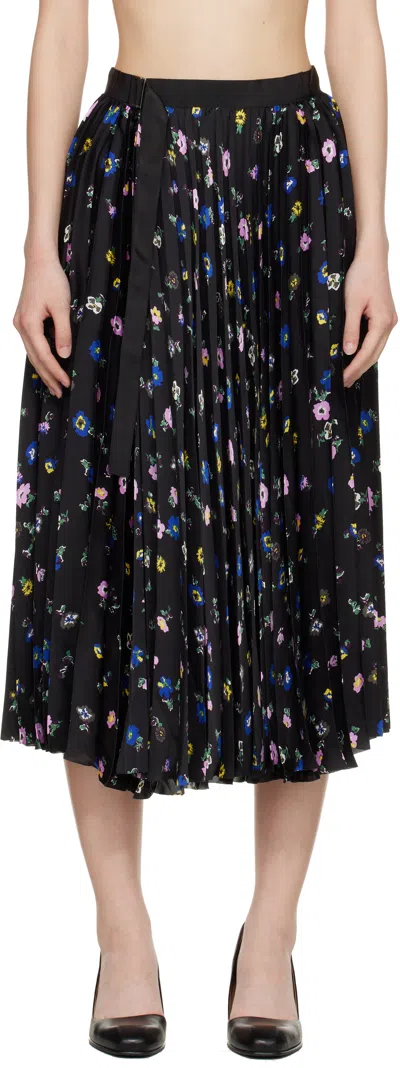 Sacai Black Floral Print Midi Skirt