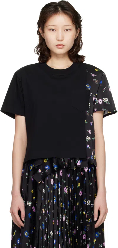 Sacai Floral Print T-shirt In Black