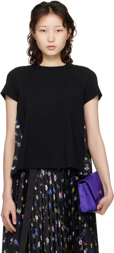 Sacai Black Floral Print T-shirt In Brown