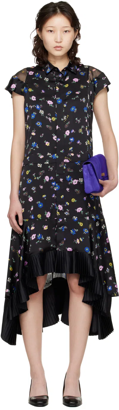 Sacai Black Floral Printed Midi Dress In Brown