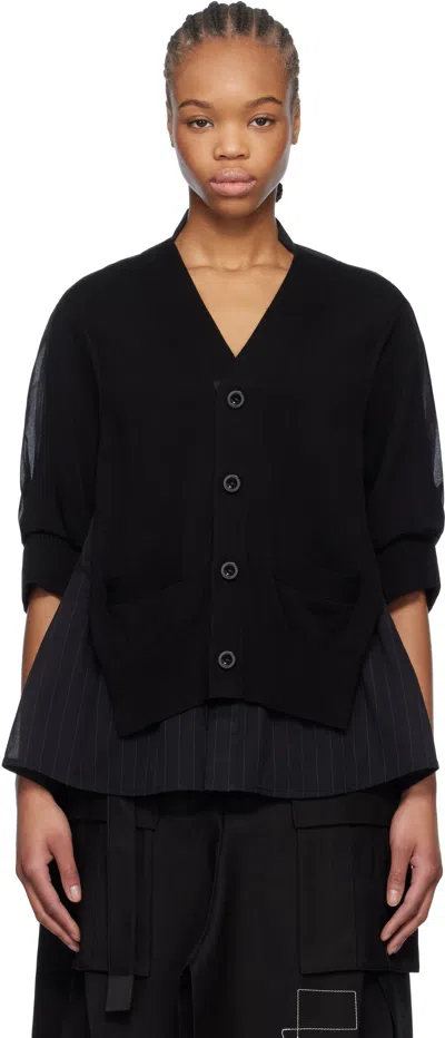 Sacai Black High Twist Voile & Knit Cardigan In 001 Black