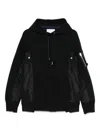 Sacai Black Hoodie With Shiny Fabric Panels And Zippered Pocket In Black