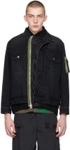 SACAI BLACK LAYERED DENIM BOMBER JACKET