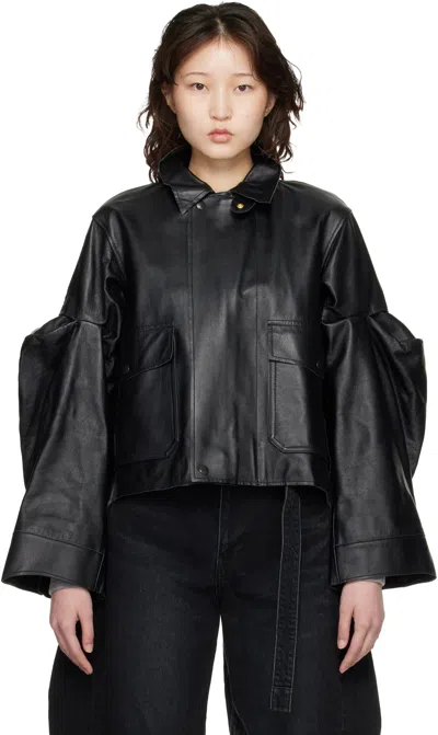 Sacai Leather Short Jacket In Black