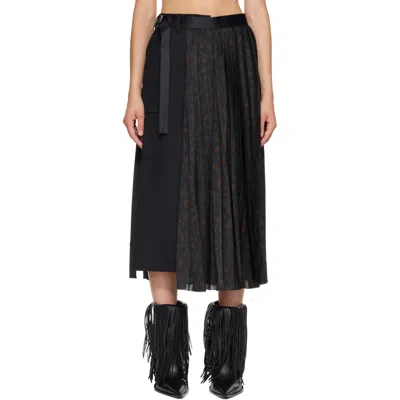 Sacai Black Leopard X Suiting Midi Skirt In 012 Blackã—khaki