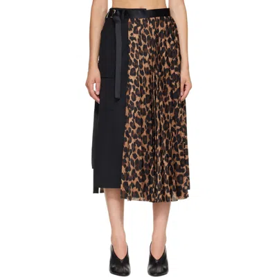 Sacai Black Leopard X Suiting Midi Skirt In 015 Blackã—beige