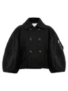 Sacai Puff Nylon-sleeve Cropped Wool Pea Coat In Black