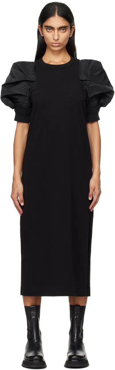 Sacai Black Nylon Twill & Cotton Jersey Maxi Dress
