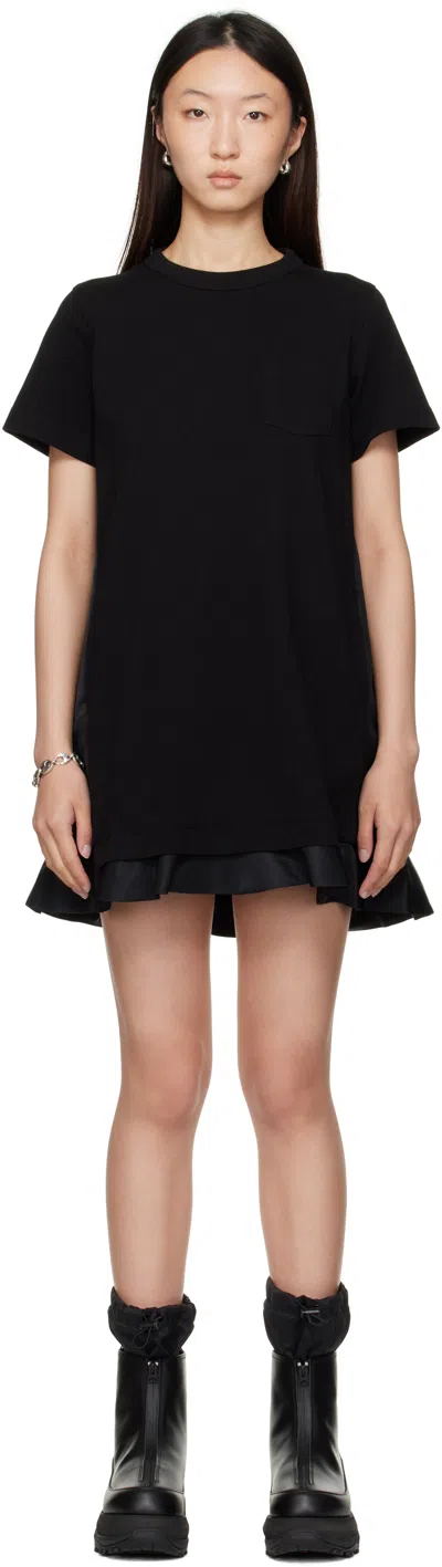 Sacai Black Nylon Twill & Cotton Jersey Minidress