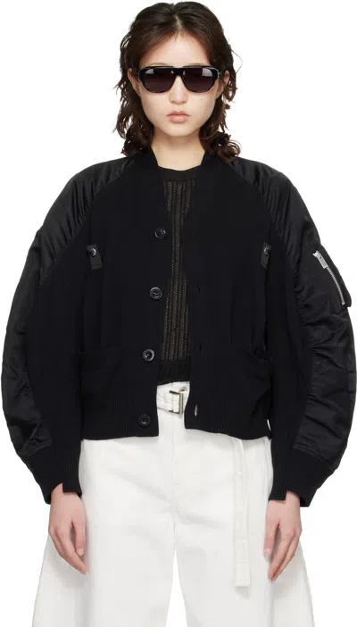 Sacai Black Nylon Twill & Knit Cardigan In Multi