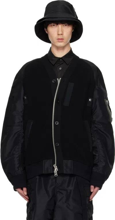 Sacai Black Nylon Twill X Knit Bomber Jacket In 001 Black