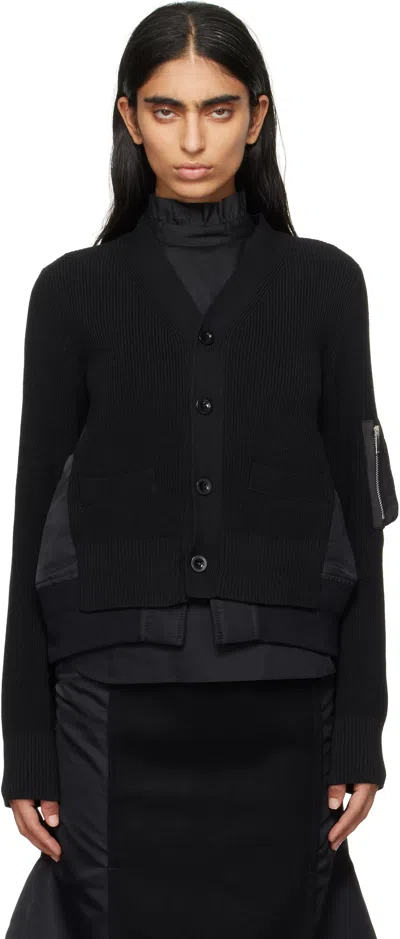 Sacai Black Nylon Twill X Knit Cardigan In 001 Black