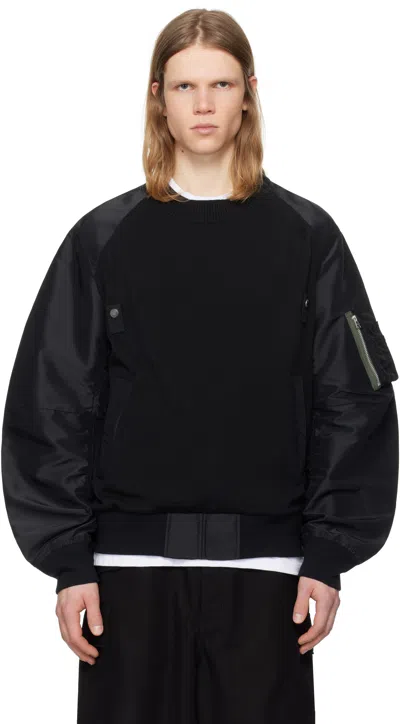 SACAI BLACK NYLON TWILL X KNIT SWEATER