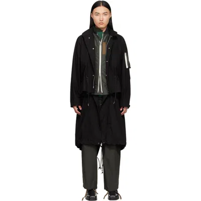 Sacai Black Nylon Twill X Ripstop Coat In 045 Blackxd/khaki