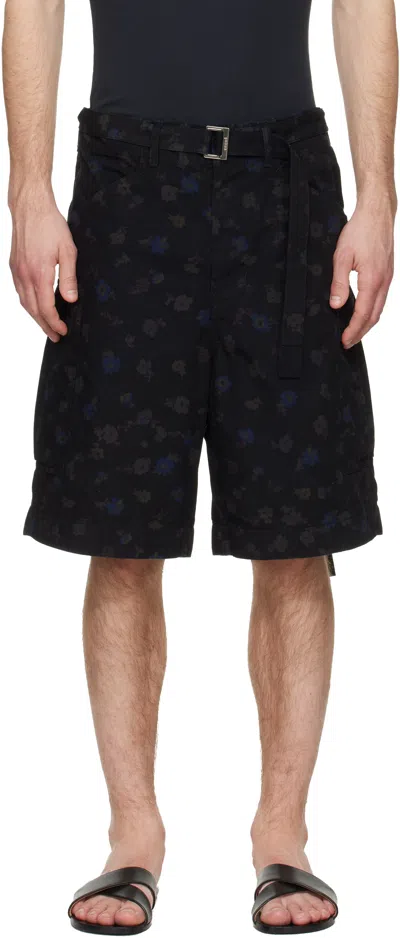 Sacai Black Overdyed Floral Print Cargo Shorts