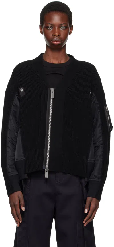 Sacai Black Cotton Blend And Nylon Bomber Jacket In Blue