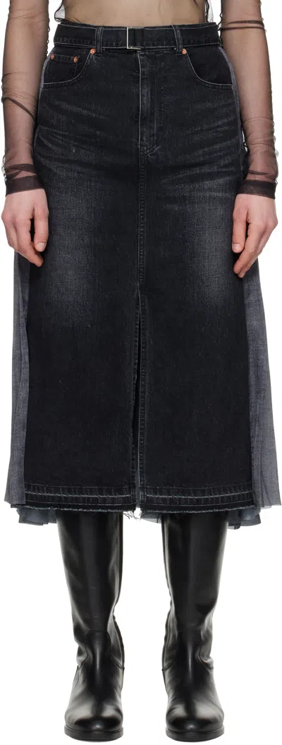 SACAI BLACK PANELED DENIM MIDI SKIRT