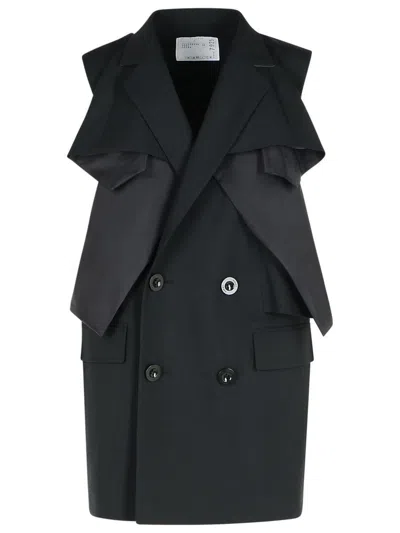 SACAI SACAI BLACK POLYESTER BLEND TRENCH COAT