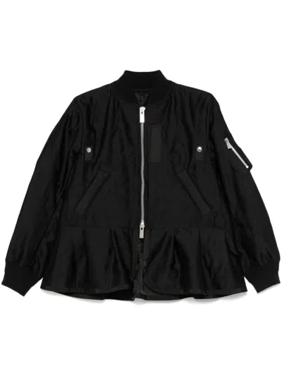 SACAI BLACK QUILTED SATIN PEPLUM JACKET