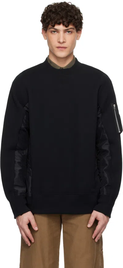 Sacai Black Sponge Sweat X Nylon Twill Pullover Sweatshirt In 002 Blackxblack