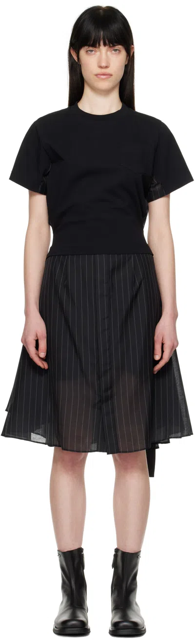 SACAI BLACK SPUN ORGANZA & COTTON JERSEY MIDI DRESS