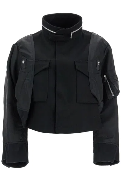 SACAI SACAI BLACK WOOL AND NYLON BOMBER JACKET