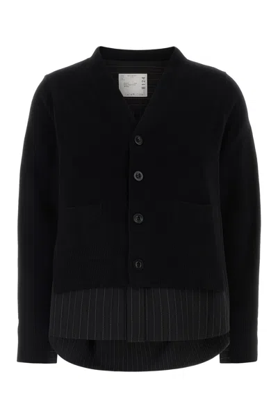 Sacai Wool Cardigan V Neck Long Sleeves Pockets In Black