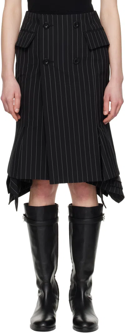 Sacai Black Wool Silk Suiting Midi Skirt In 816 Black Stripe