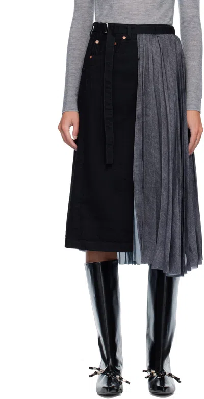 SACAI BLACK WRAP DENIM MIDI SKIRT
