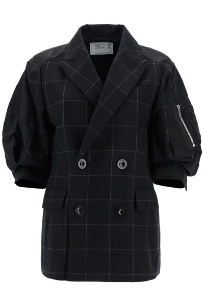 Sacai Blazer Doppiopetto A Maniche Corte In Black