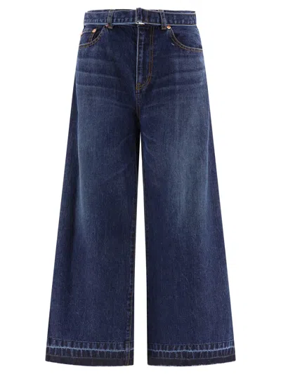 Sacai Blue Belted Jeans For Women In Navy
