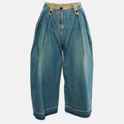 Pre-owned Sacai Blue Denim & Beige Synthetic Paneled Capri Pants M