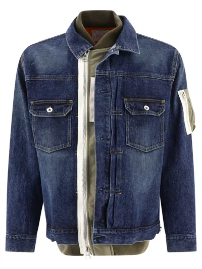 Sacai Blue Denim Jacket With Nylon Inserts For Men In Navy
