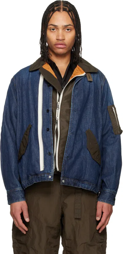 Sacai Blue Denim X Nylon Twill Blouson Denim Jacket In Brown