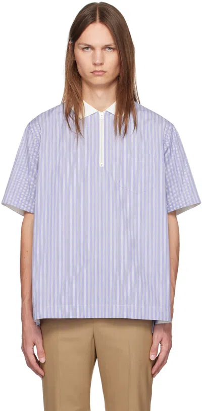 Sacai Blue Half-zip Polo In 458 L/blue Stripe