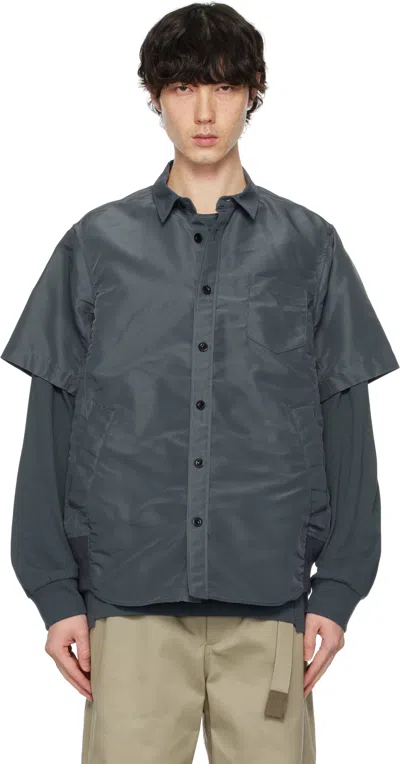 Sacai Blue Nylon Twill Shirt In 375 Blue Grey