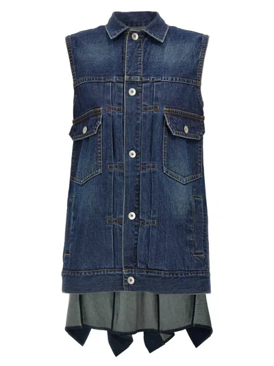 Sacai Ruffled Denim Mini Dress In Blue