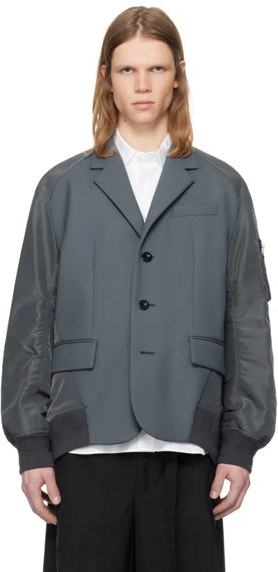 Sacai Blue Suiting Bonding Mix Blazer In 375 Blue Gray