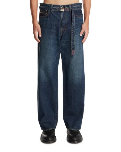 Sacai Blue Wide-leg Jeans With Belt In Brown