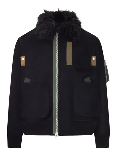 Sacai Bomber Jacket With Faux Fur Collar In Black