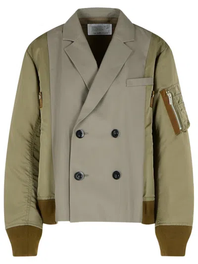 Sacai Womens Taupe Contrast-panel Double-breasted Regular-fit Woven Jacket In Green