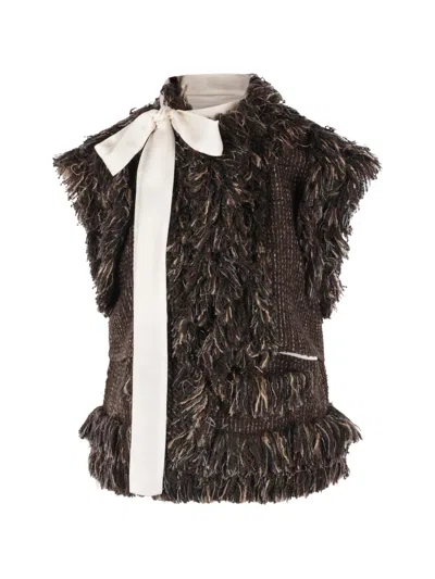 Sacai Bow-detailed Fringed Wool-blend Tweed Vest In Brown