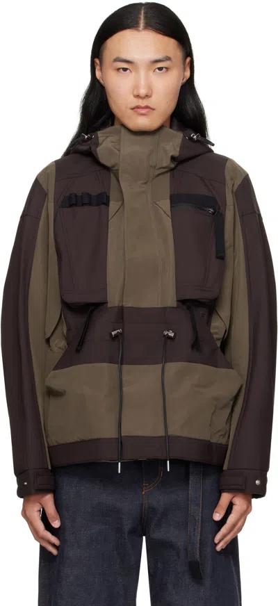 SACAI BROWN & KHAKI SUITING BONDING GROSGRAIN JACKET